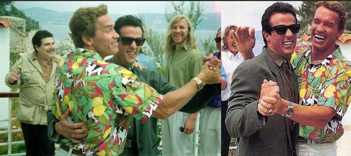 Arnold Schwarzenegger dancing with Sylvester Stallone in Cannes Film Festival, 1990