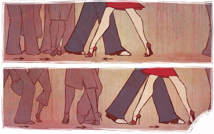 Cartoon leg movements and distance between couples in dance