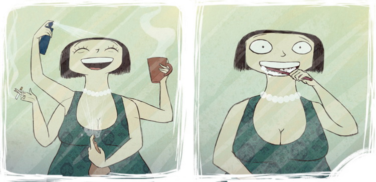 Cartoon lady uses perfume and does breath freshening